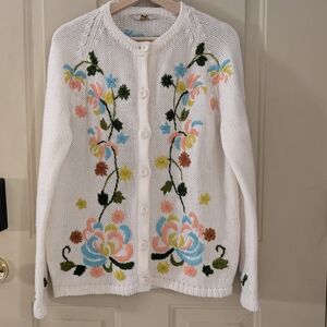 Vintage 60s 70s Embroidered Floral Cardigan Cottagecore Knit Sweater